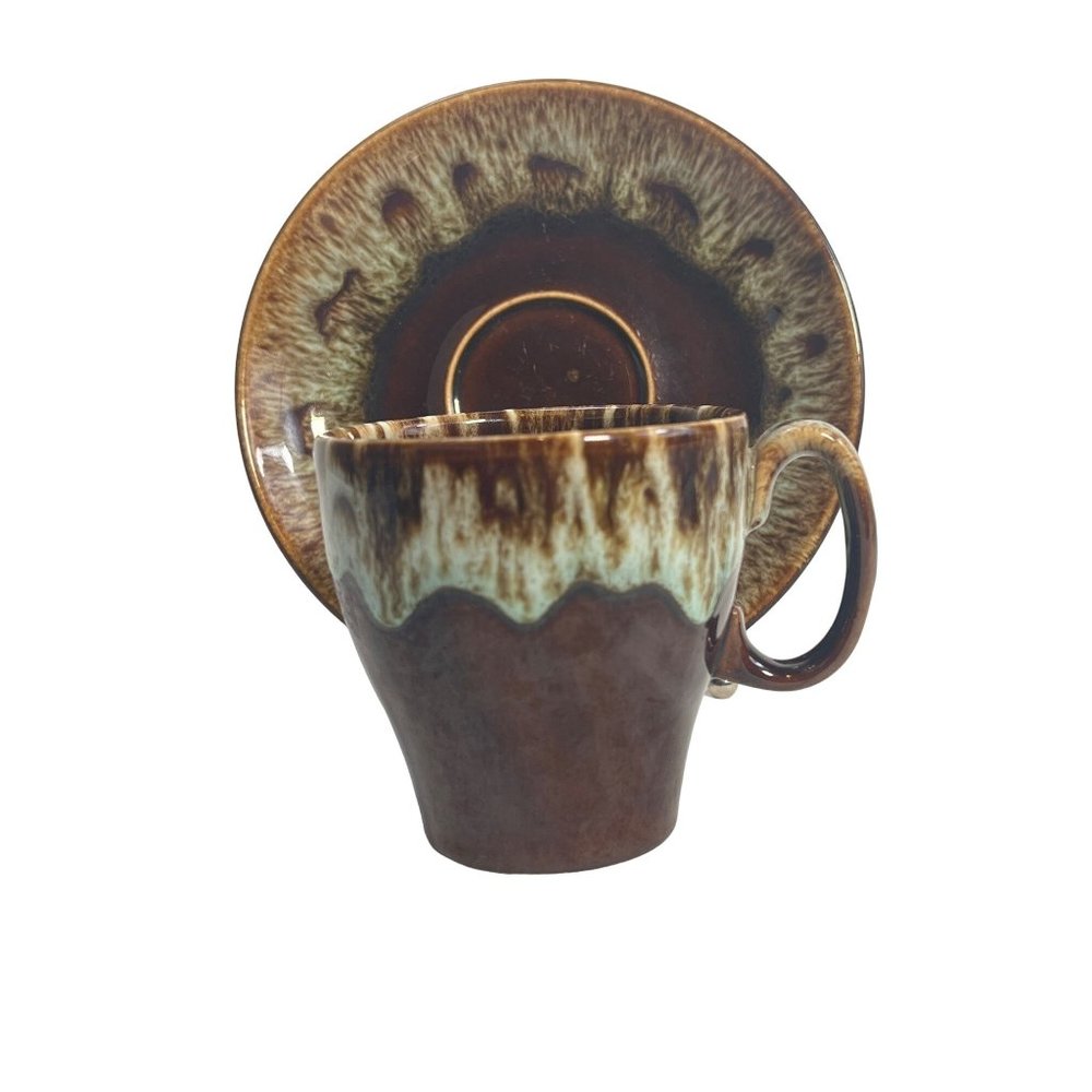 Drip Glaze Cup Saucer Set USA Pottery Coffee Tea Canonsburg Vintage Farmhouse